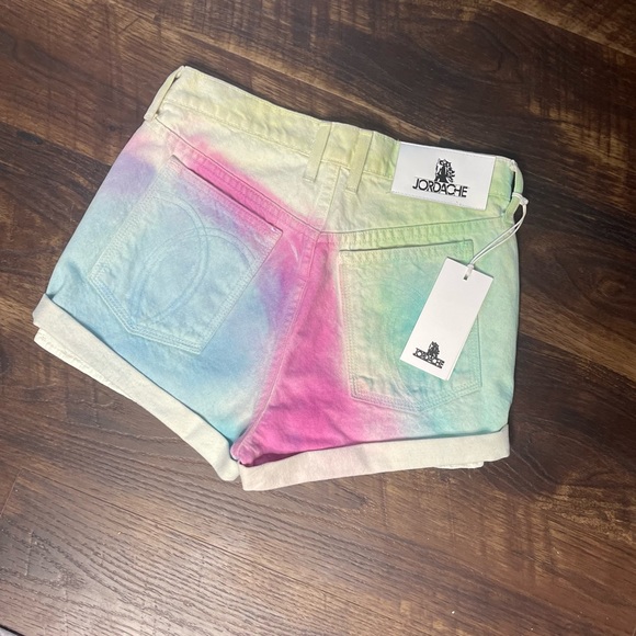 NWT Jordache Diagonal Pastel Rainbow Hi-Rise Rolled Denim Shorts Size 25 - Picture 3 of 4